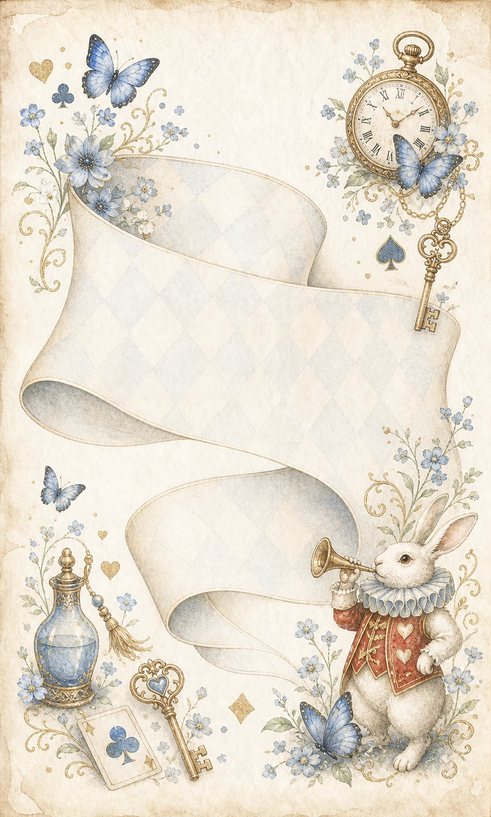 Illustrazione ad acquerello con Bianconiglio, orologio, chiavi, farfalle blu e nastro
